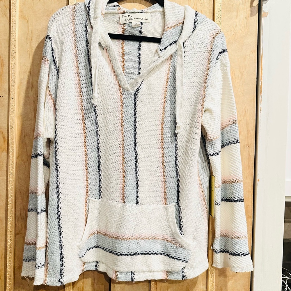 Vintage Havana Striped Baja Hoodie Cream Oversized Size L Boho Surf Pullover